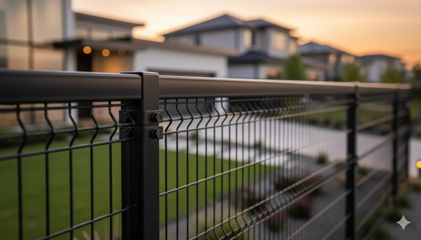 Horizontal view of fence top rail showing profile and secure mounting system
